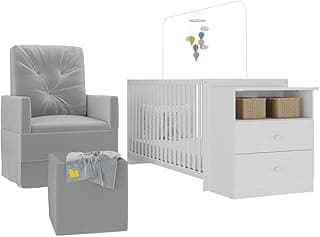 Berço Cômoda com Poltrona de Amamentação e Puff Meu Bebê Multimóveis Mp4078 Branco/cinza