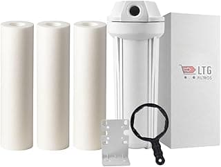 Kit de filtro de água com três rolos de filtro brancos, filtro principal cilíndrico, lupa preta e suporte de filtro cinza