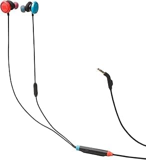 Fone de ouvido JBL Quantum 50N com fio, vermelho e azul, cabo preto, conector 3,5 mm