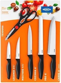 Conjunto de facas de cozinha com cabos pretos e lâminas brancas da marca Brinox
