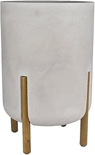 Vaso cilíndrico branco com pés de madeira, acabamento em cimento queimado.