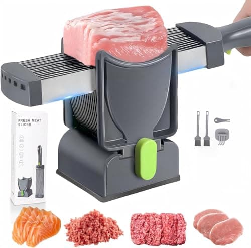 Fatiador manual de carne com ajuste de espessura, aço inoxidável, com carne sendo cortada