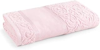 Toalha de banho Karsten Melina II Rosa Quartzo dobrada com bordado em relevo