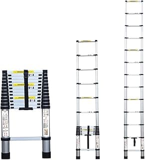 Escada telescópica de alumínio Fortt 3.8m com 13 degraus, vista frontal, totalmente aberta, parcialmente aberta e fechada.