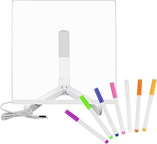 Quadro Luminoso LED 20x20cm para Escrita e Desenho com 7 Canetas Neon, Reutilizável, Alimentação USB, Suporte Ajustável, Acrílico