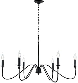 Lustre preto industrial rústico de 6 lâmpadas para sala de jantar