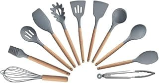 Jogo de Utensílios de Cozinha em Silicone e Madeira, 12 Peças, para Cozinhar (Cinza)