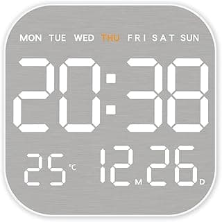 Relógio de parede quadrado com visor LED digital mostrando hora, data, temperatura e umidade