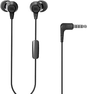 Fone de ouvido in-ear JBL C50HI preto com cabo conectado ao conector de 3,5 mm