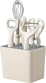 Jogo de utensílios de cozinha branco com seis peças, organizado em um suporte branco.
