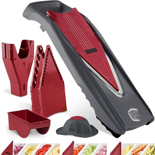 Börner Fatiador Mandoline Vital (conjunto inicial) • Cortador de vegetais com lâmina em V de aço inoxidável • 10 estilos de corte para fatias, tiras e dados • Várias configurações de espessura e
