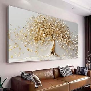 Quadro decorativo grande para sala árvore da vida abstrato dourado 150x75 cm