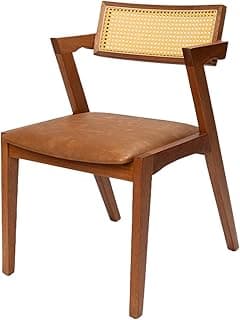 Cadeira de jantar estofada em couro marrom com encosto em rattan natural