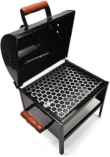 Churrasqueira a Bafo Portátil com Tampa Compacta, grelha em forma de favo de mel, alças de madeira, fundo branco