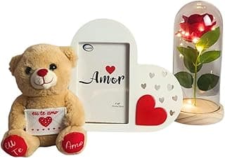 Kit presente elegante para Dia das Mães com luminária de rosa vermelha, porta-retrato com corações e ursinho de pelúcia