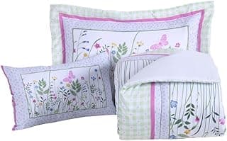 Kit de edredom infantil com estampa floral digital, dois travesseiros e dois edredons solteiro, estampas florais com borboletas e folhas em tons de verde, rosa e branco.