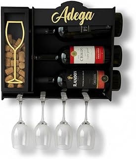Adega de Parede com Suporte para Rolhas em MDF, Porta Taças e Vinhos, Barzinho Decorativo Preto