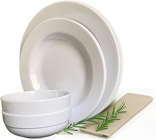 Conjunto de jantar em melamina branco de 6 peças, pratos de jantar, sobremesas, tigelas e potes bowl, resistente à lava-louças e livre de BPA