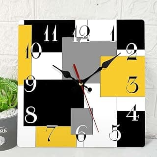 ArtSocket Relógio de parede de madeira, silencioso, sem tique-taque, amarelo, preto, cinza, abstrato, geométrico, minimalista, quadriculado, quadrado, rústico, decoração para casa, cozinha, sala de