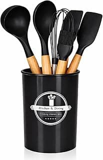 Jogo de Utensílios de Cozinha em Silicone com Cabo de Madeira, Preto, 7 Peças, com Suporte