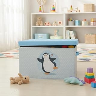 Caixa organizadora infantil azul com tampa, desenho de pinguim, 30 litros, dobrável, em fundo de brinquedos