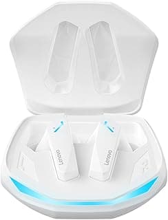 Fones de ouvido sem fio brancos Lenovo em base de carregamento com detalhes azuis