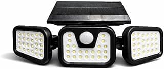 Luminária solar LED com três cabeças de luz e painel solar no topo.