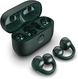 Fone de ouvido sem fio Motorola Moto Buds Loop by Bose verde escuro aberto com fones posicionados à frente