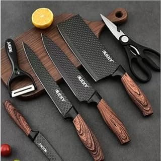 Conjunto de facas inox 6 peças com cabo reforçado, incluindo descascador, tesoura e cutelo para carnes e legumes