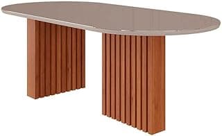 Mesa de Jantar Oval 210cm com Tampo de Vidro Off White e Base Ripada, Mesa Grande 8 Lugares Moderna para Sala de Jantar