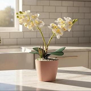 Vaso decorativo com mini orquídeas brancas em silicone, ideal para decoração de mesa ou prateleira