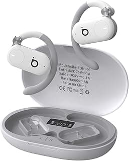 Fones de ouvido sem fio brancos Basike D91, Bluetooth 5.4, com caixa de carregamento aberta, mostrando detalhes técnicos.