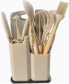 Jogo de Cozinha Kit 12 ou 19 Peças Utensílios em Silicone com Cabo de Madeira Antiaderente com Suporte Organizador(Cáqui (19 peças))