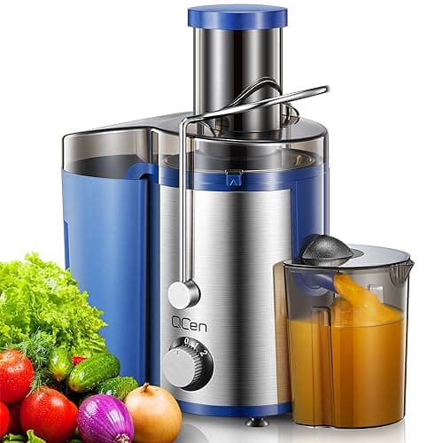 Máquina de espremedor, extrator centrífugo de 800 W, azul e prata, fácil de limpar, com suco de laranja.
