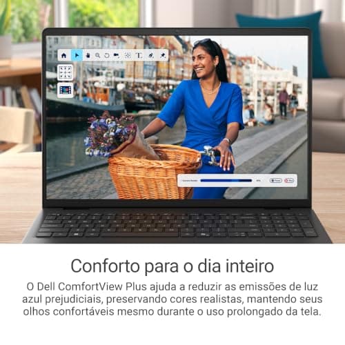 Tela do notebook Dell Inspiron 16 FHD+ Intel Core 5 16GB 1TB SSD Preto mostrando uma mulher.