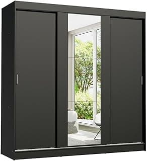 Guarda-roupa de três portas de correr com espelho preto