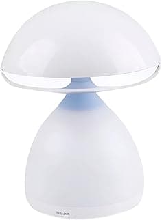Luminária de mesa LED cogumelo branco com base azul, ângulo frontal