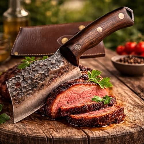Cutelo Faca Facão Chef Açougueiro Artesanal Sérvio em Aço Inox Forjado, Lâmina Martelada, Cabo de Madeira Rústico com Bainha de Couro para Churrasco e Cozinha Profissional