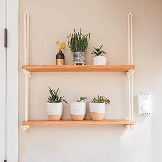 Prateleira Suspensa de Madeira Pinus com Cordas – Nicho Decorativo Rústico de Parede 2 ou 3 Andares para Sala, Quarto, Cozinha e Banheiro(2)