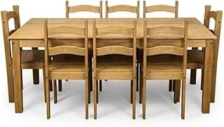 Jogo de mesa de jantar retangular com 8 cadeiras em madeira maciça, cor clara, ideal para sala de jantar