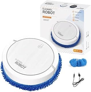 Robô aspirador de pó branco e azul com cabo de carregamento