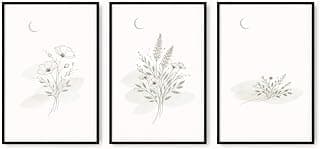 Kit 3 quadros decorativos minimalistas com arte botânica de flores e lua, moldura preta, estilo escandinavo