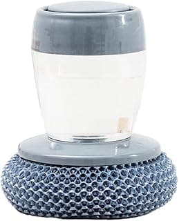 Escova de limpeza com dispenser de detergente 75ml, esponja com palha de aço, base cinza plástico.