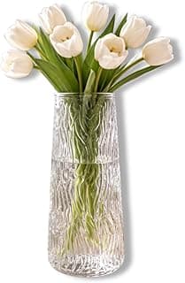 Vaso decorativo de vidro transparente com flores de tulipas brancas