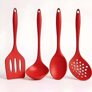Kit de utensílios de cozinha vermelho em silicone com alças antiderrapantes