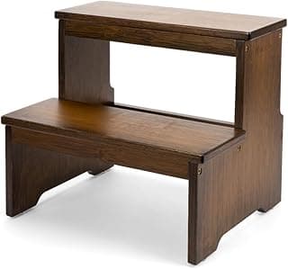 StrongTek Banqueta De Bambu Com Dois Degraus Adultos E Crianças, Banquinho Cama Com Base Antiderrapante, Resistente Para Cozinha, Banheiro, Banquinho De Cabeceira, Escada De Madeira Com Capacidade