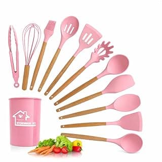 Utensílios de Cozinha Kit 12 Peças com Cabo de Madeira em Silicone Rosa