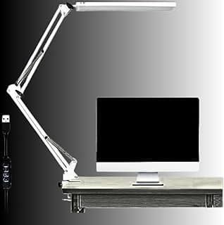 Luminária de mesa LED com braço articulado(articulável) e braçadeira, 3 modos de brilho de iluminação, Lâmpadas de mesa de leitura para escritório, rotação de 360°, Estudos com clip Premium (Branca)