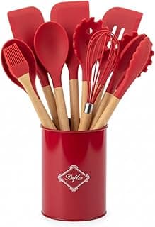 Kit Jogo Conjunto 12 Utensilios De Cozinha VERMELHO em Silicone Cabo de Madeira Antiaderente Não Risca Resistente ao Calor Premium Livre de BPA