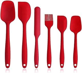 Kit de utensílios de cozinha silicone vermelhos, seis peças, espátula, colher, concha, escumadeira, pincéis